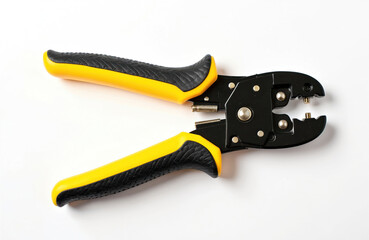 Obraz premium Yellow and black wire stripper tool. This essential device is used for electrical work and repairs. It cleanly strips wire insulation for secure connections.