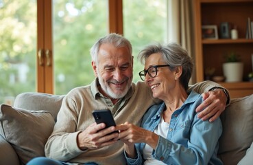 Elderly couple on sofa shares mobile phone laughter. Mature man arm around happy woman using smartphone. Seniors enjoying time together at home watching something on screen.