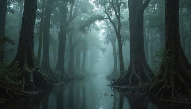 Misty swamp with tall trees and gnarled roots. Still water creates reflections of lush green foliage and dense forest. Eerie atmosphere pervades wetland.