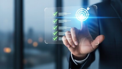 Closeup Businessman Hand touching digital checklist and target icon on virtual screen, representing goal achievement, strategic planning, task management, and productivity
