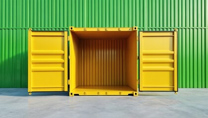 Yellow cargo container stands open against a vibrant green corrugated wall. Offers space for logistics, shipping, and storage solutions. Bright contrast creates visual appeal.