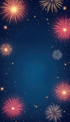 Fototapeta premium Night sky erupts with colorful fireworks display. Red, white, gold pyrotechnics burst above dark blue starry expanse. Festive explosions light up night celebrating special event with glowing light.
