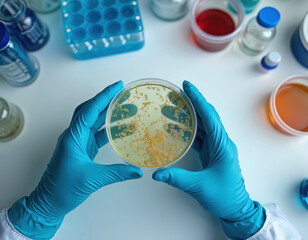 Scientist in blue gloves holds petri dish with bacterial culture. Lab equipment and colorful liquids in background. Researching microbes in sterile lab.