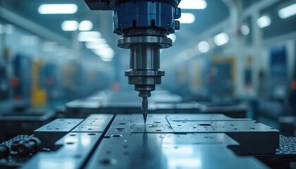 Automated machine performs precise drilling operation on metal parts in factory. Industrial equipment works on assembly line creating components with high accuracy. Manufacturing process utilizes