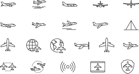 Fototapeta premium Airplane and aviation icon set showing aircraft flight takeoff landing global air travel transportation symbols collection