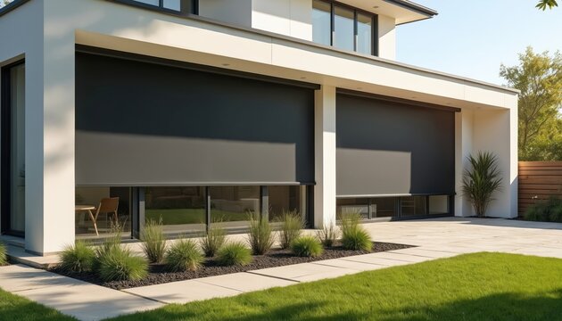 Modern house exterior with large windows covered by dark roller blinds. White facade, minimalist design with green lawn and landscaping visible. Sun protection and privacy feature.