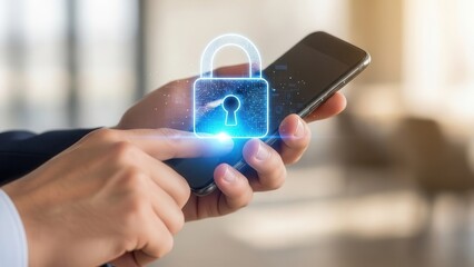 Closeup Businessman Hand using mobile phone with virtual padlock icon, representing data protection, password security, and cybersecurity technology for safe digital communication and online privacy