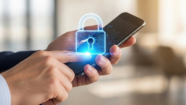 Closeup Businessman Hand using mobile phone with virtual padlock icon, representing data protection, password security, and cybersecurity technology for safe digital communication and online privacy - Powered by Adobe