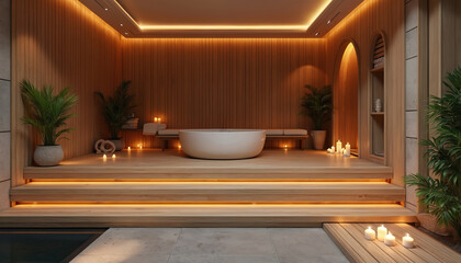 Modern spa room features round tub sauna shower. Warm wood walls floor lit candles plants create peaceful zen ambiance. Luxury relaxation retreat for wellness and self care.