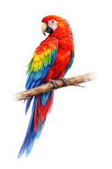 Fototapeta premium Colorful macaw parrot illustration perched on branch, tropical bird art