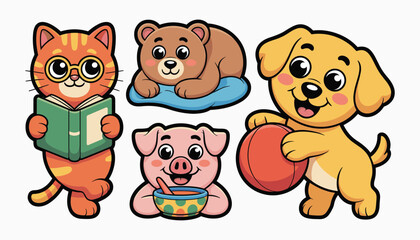 Naklejka premium Cute Cartoon Animal Characters Set Cat Bear Pig Dog Reading Playing Ball Vector Illustration