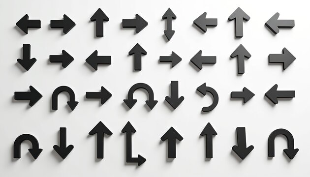 Collection of black arrow icons pointing left right up down in various styles. Includes curved, straight, and double headed pointers for navigation and direction.