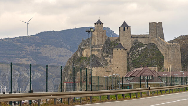 Golubac Fortress Complex at Danube River Historic Landmark in Serbia Spring Day Clouds