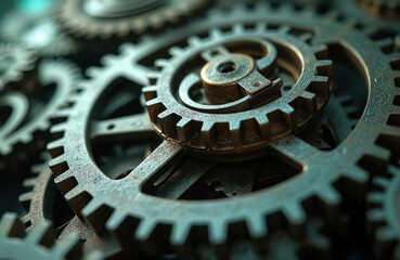 Close up view of metallic interlocking gears showing detailed mechanical engineering and complex machinery. Industrial components work together in precise unison for powerful motion.