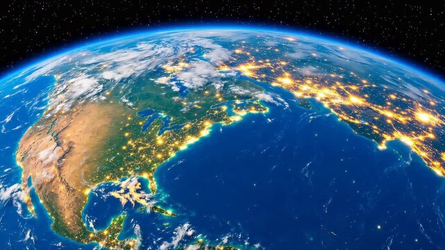 Vibrant planet Earth from space, showcasing North American city lights at night.