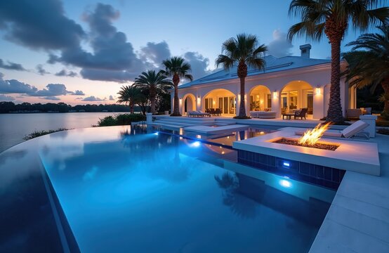 Luxury waterfront estate with infinity pool and fire pit at dusk. White stucco mansion features arched windows, palm trees. Serene lake view enhances tropical vibe. Modern outdoor living space glows.