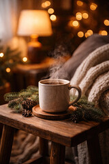 Coffee cup on sofa with blanket and candles, cozy winter lifestyle