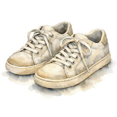 Worn white sneakers on floor, casual everyday footwear lifestyle concept