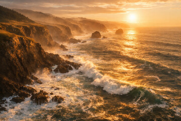 Dramatic ocean waves at sunset, golden light over rugged coastline
