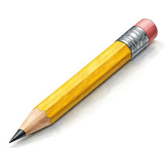 Yellow wooden pencil with eraser, classic school stationery isolated on white background