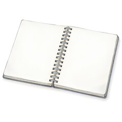 Open spiral notebook with blank pages, writing and planning concept isolated on white background