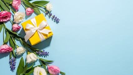 Happy Mother`s Day, Women`s Day, Valentine`s Day or Birthday Pastel Candy Colours Background. Floral flat lay greeting card with beautifully wrapped present and copy space.
