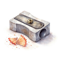 Metal pencil sharpener, classic stationery item isolated on white background