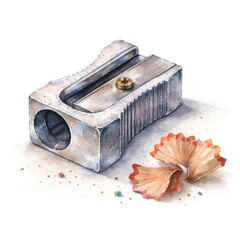 Metal pencil sharpener with wood shavings, stationery tool isolated on white background