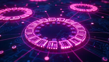 Pink Glowing Circular Portal with Binary Code and Tech Elements