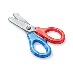 Red handled scissors, stationery cutting tool isolated on white background