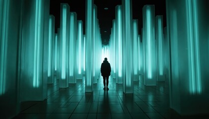 Man stands in futuristic interior with glowing aqua light columns. Abstract geometric installation creates immersive art for visitors. Modern digital architecture inspires wonder.