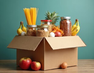 Cardboard box full of groceries, spaghetti, jars of seeds, eggs, bananas, pineapple, and apples. Food items for sharing, charity, and hunger relief.