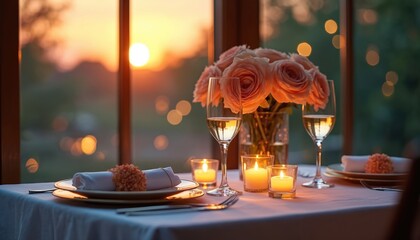 Romantic table setting with wine glasses and rose bouquet for sunset dinner. Candlelight creates warm ambience. Outdoor view at dusk with soft bokeh lights.