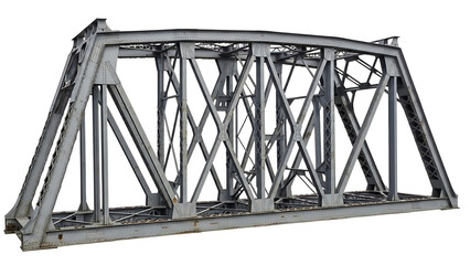 Isolated weathered metal truss bridge structure, showcasing robust engineering, intricate design, and classic industrial architecture against a clean background