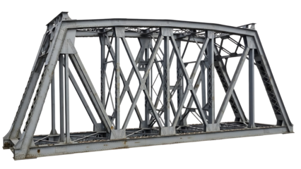 Isolated weathered metal truss bridge structure, showcasing robust engineering, intricate design, and classic industrial architecture against a clean background
