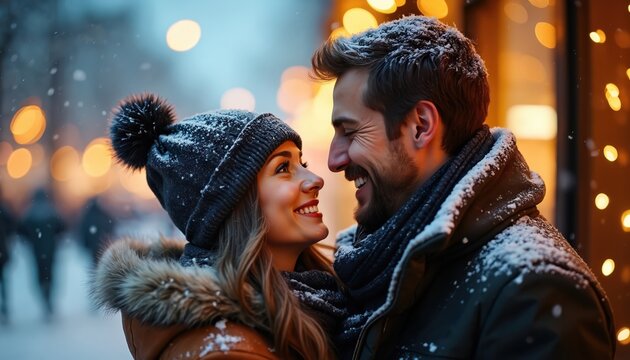 Couple shares romantic moment in snowy city at night. They smile, embrace warmly, with festive lights in background. Love, joy, and togetherness in winter. - Powered by Adobe