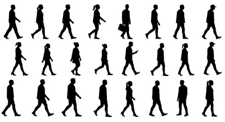 Fototapeta premium Set people outlines isolated on grey background. Sitting, walking, running. Silhouette on white background