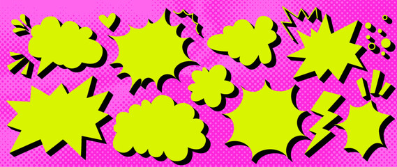 Pop art comic speech bubbles on vibrant pink halftone backdrop. Blank dynamic frames with impact effects, starbursts and action lines. Editable empty bubbles for manga, memes and creative designs