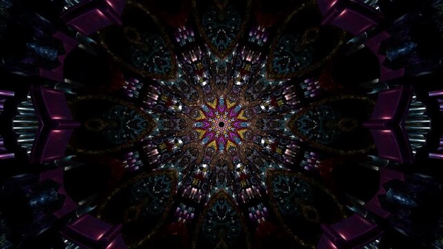 Futuristic mandala starburst with intricate sacred geometry, immersive abstract pattern that reads like a portal, ideal for music visualizers, live show backdrops, club visuals, meditation loops vjin