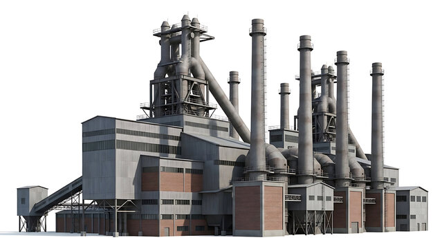 Industrial manufacturing facility with numerous smokestacks and intricate structural details, depicting large-scale production and modern engineering architecture