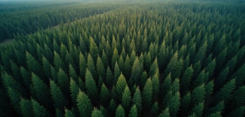 Drone view over dense green forest with coniferous trees stretching to horizon. Vast woodland expanse, natural landscape, deep evergreen canopy, untouched wilderness.