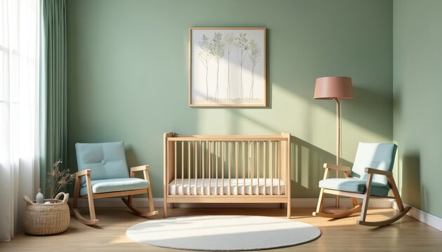 Calm nursery room with crib rocking chairs and floor lamp. Soft green walls and natural wood furniture create a peaceful environment for baby.