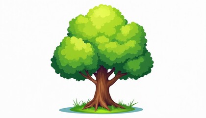 Cartoonish green tree with brown trunk, branches stands on grassy ground near water. Bright rich foliage forms rounded canopy. Simple natural illustration ideal for children educational themes eco