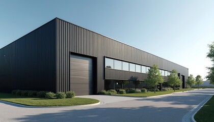 Fototapeta premium Modern black industrial building with large garage door and windows. Green grass and trees surround the structure on a clear day. Empty commercial space for business use.