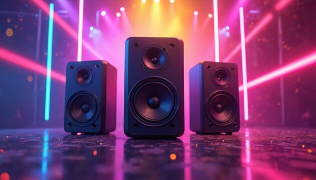 Three black speakers sit on a wet reflective surface. Neon pink and blue lights beam across background. Bright stage lights shine above. Music concert or club atmosphere.