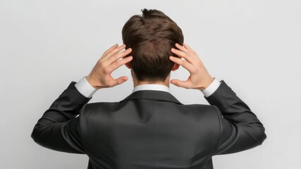 Anonymous contemplation: A sophisticated man, viewed from the back, clasps his head in deep thought, the image portraying a moment of introspection and mental focus.
