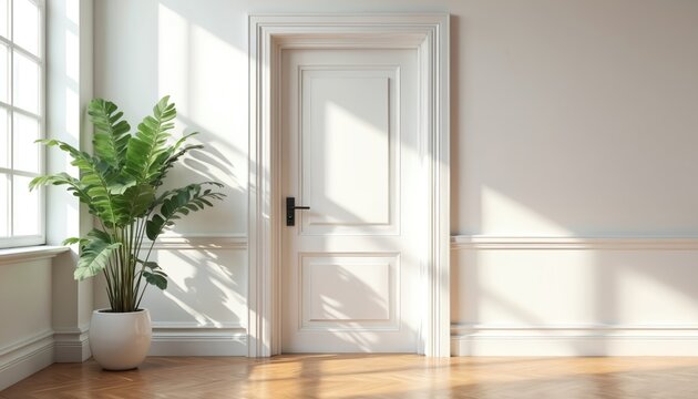 Clean white door stands next to green potted plant in bright room. Sunlight streams through window, casting shadows on wall and wooden floor. Simple interior design.