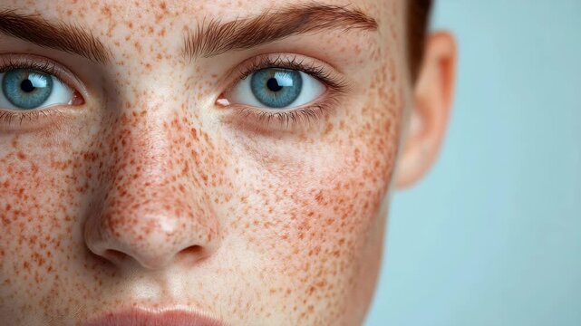 Unveiling Beauty: Close-up of freckled complexion showcasing the delicate patterns of the skin, capturing the natural beauty and uniqueness of human features.