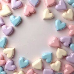 Obraz premium Scattered pastel heart shapes on light surface for romantic holiday celebration. Lovely pastel hearts arranged for Valentines day gift or wedding backdrop design.