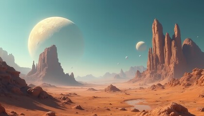 Fototapeta premium Vast alien desert with towering rock formations under a dual moon sky. Orange sand plains stretch to distant hazy mountains. Other moons and small spheres float serenely.